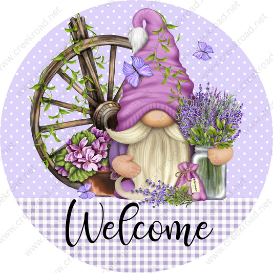 Welcome Lavender Gnome with White Polka Dot Checkered Bottom Wreath Sign-Sublimation-Round-Spring-Summer-Decor