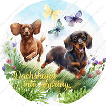 Load image into Gallery viewer, Dachshund Into Spring Through Grass and Flowers &amp; Butterflies Wreath Sign-Sublimation-Decor-Round-Aluminum
