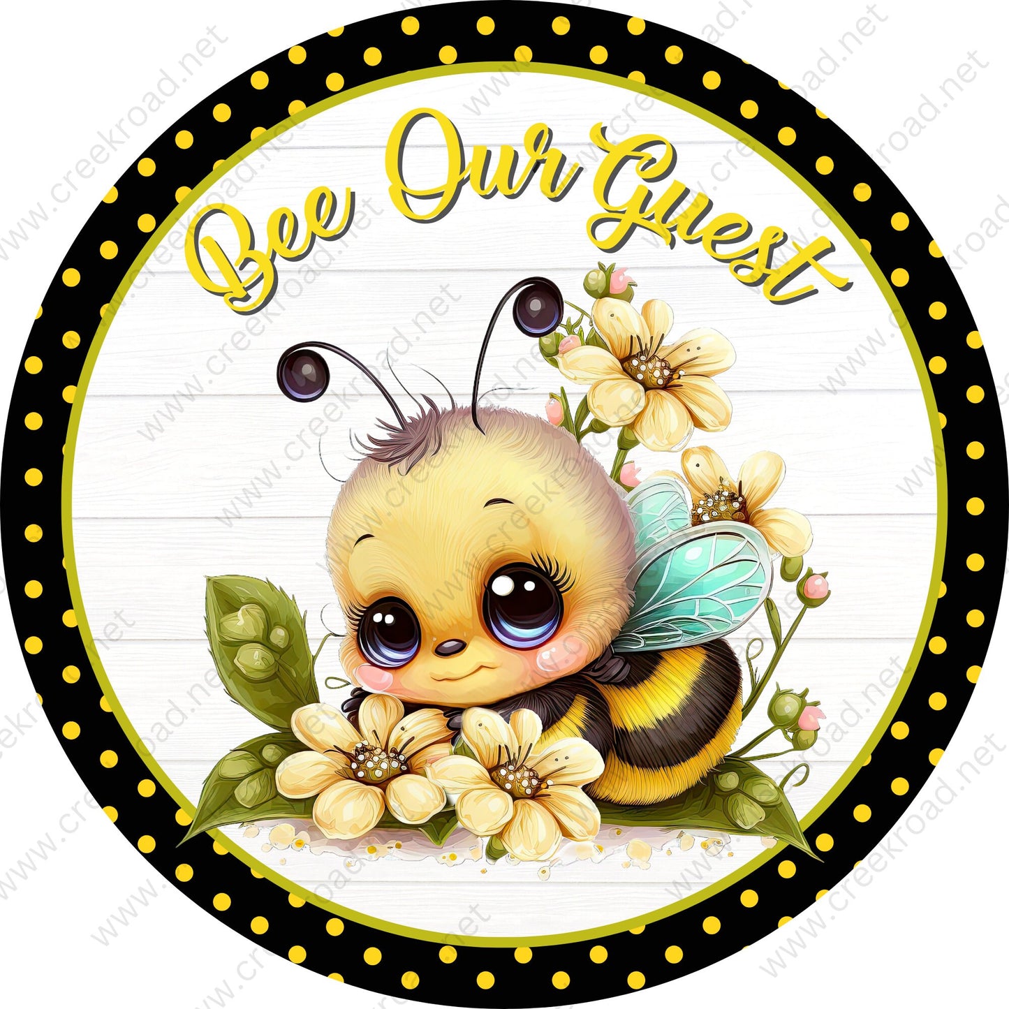 Bee Our Guest Cute Spring Bee with Black Yellow Polka Dot Border Wreath Sign-Sublimation-Round-Spring-Summer-Decor