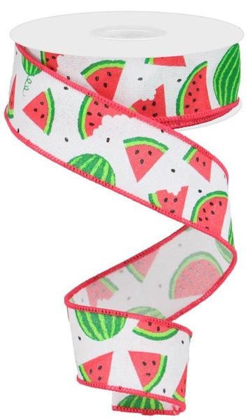 1.5" X 10Yd Wired Ribbon-Watermelon Slices/Faux RoyalRibbon-RG0199127-White/Red Pink/Grn/Black-Wreaths-Crafts