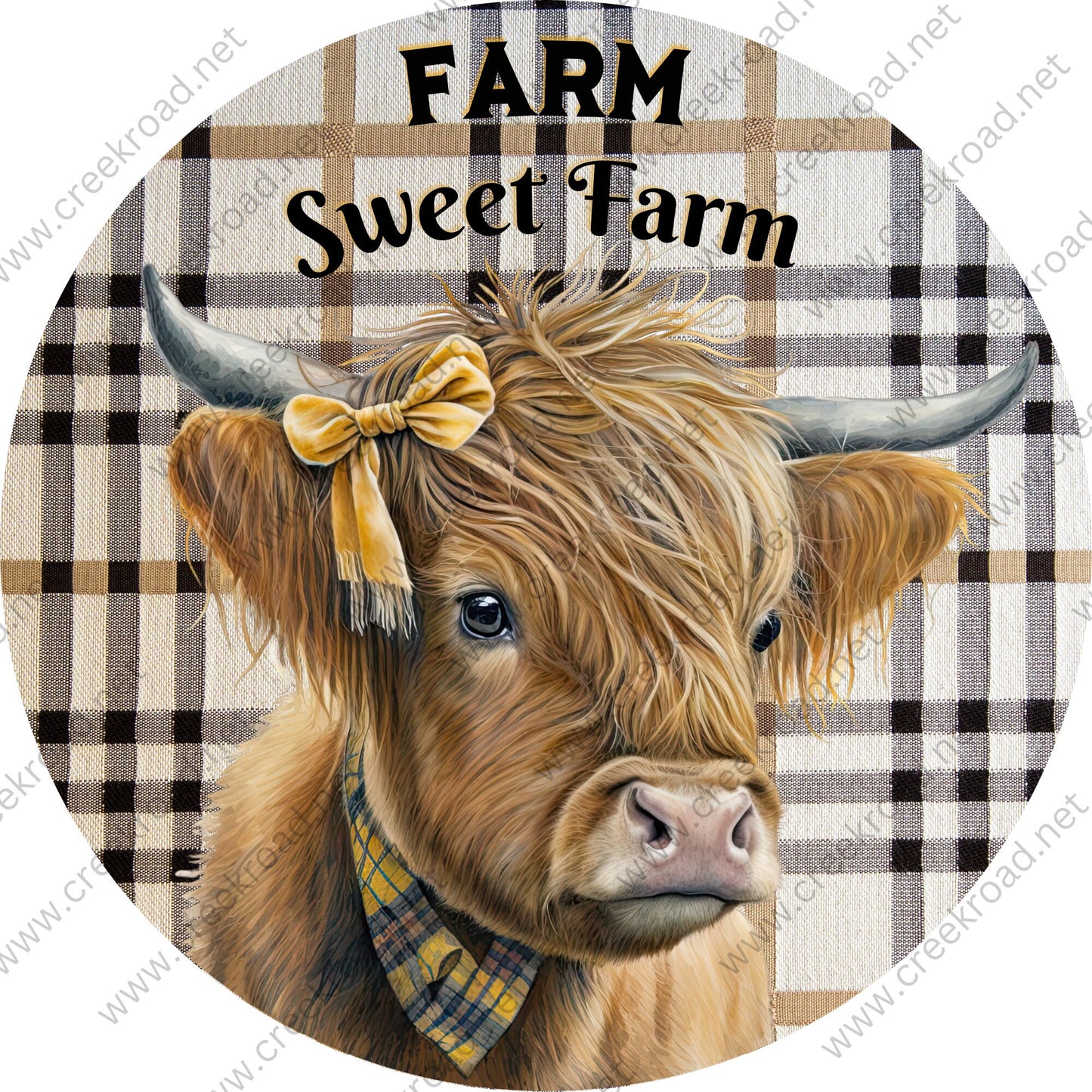 Farm Sweet Farm Brown Highland Cow with Yellow Bow Neck Scarf Wreath Sign-Farm-Sublimation-Aluminum-Round-Spring-Decor