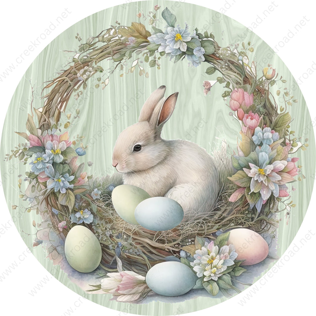 Easter Bunny Resting in Straw Basket with Eggs on Mint Green Background Wreath Sign-Sublimation-Round-Spring-Attachment-Decor-Easter