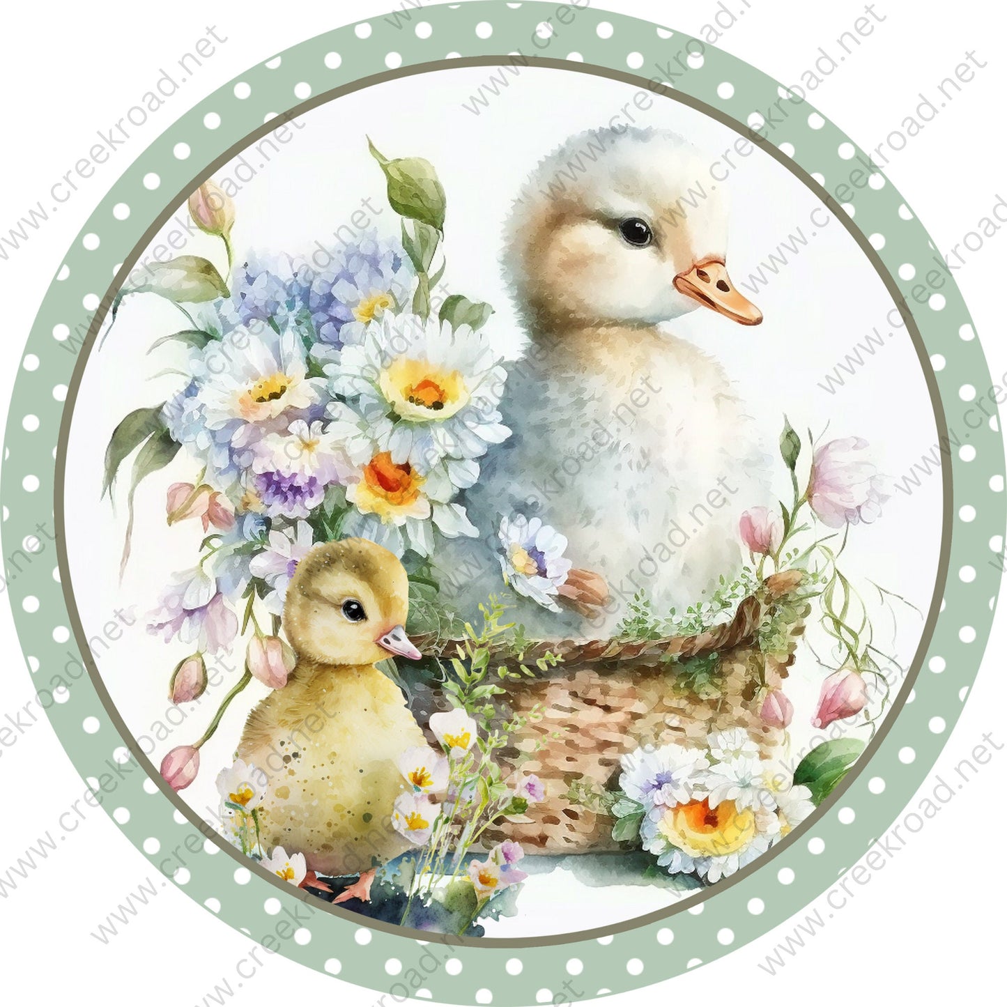 Momma And Baby Duck in Wicker Basket of Flowers Wreath Sign White Polka Dot Border-Round-Farm-Everyday-Spring-Sublimation-Attachment-Decor