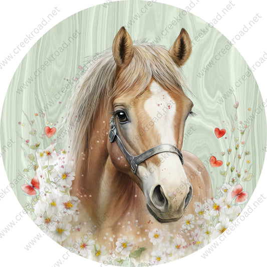 Beautiful Brown Tan Horse with Flower on Mint Green Veneer Background Wreath Sign-Round-Farm-Everyday-Spring-Sublimation-Attachment-Decor