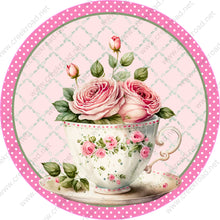 Load image into Gallery viewer, Mother&#39;s Day Pink Roses in Tea Cup Saucer Pink White Polka Dot Background-Blank-Wreath Sign-Sublimation-Round-Spring-Summer-Decor
