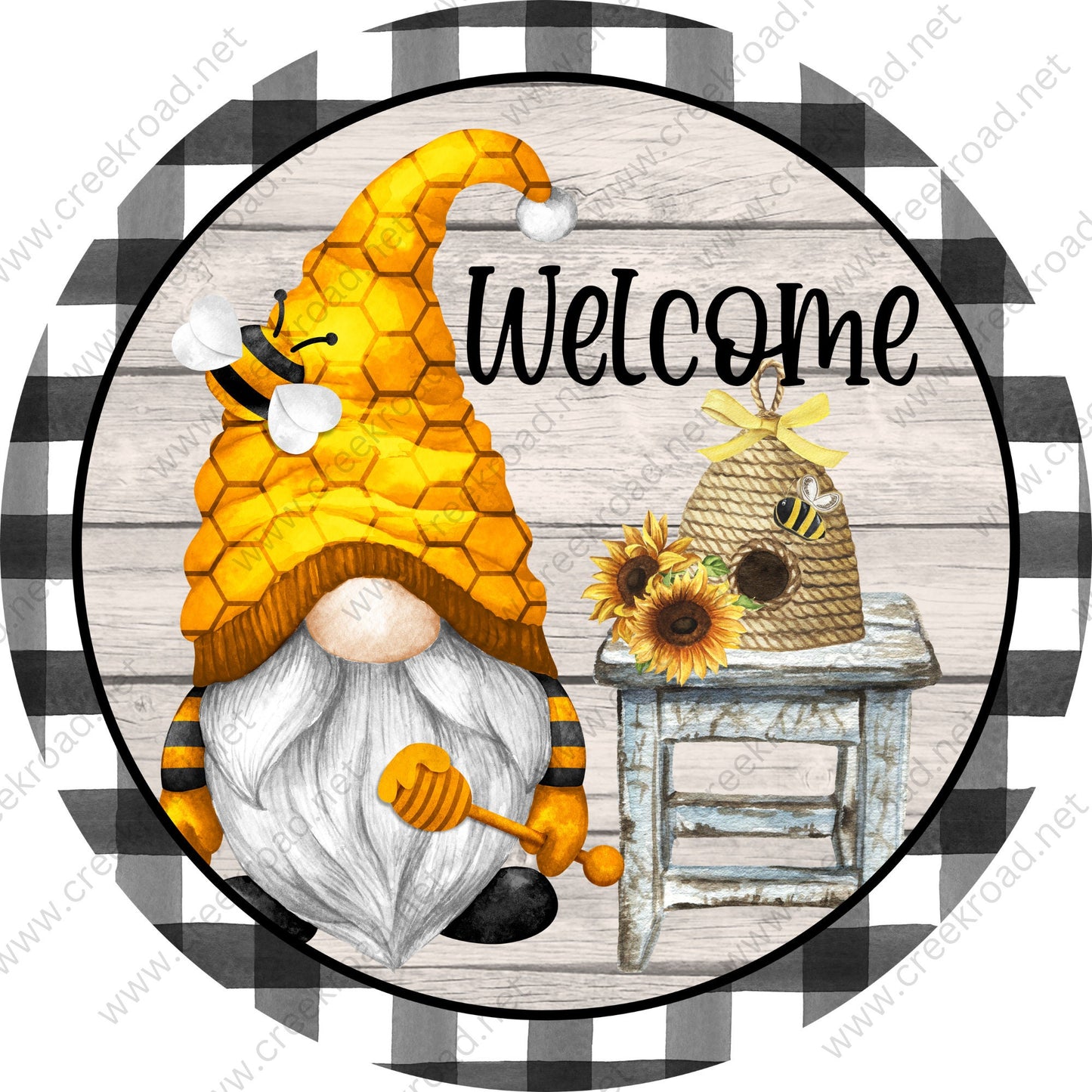 Welcome Bee Hive Gnome Black White Check Border Wood Background Bumble Bee Honeycomb-Wreath Sign-Sublimation-Round-Spring-Summer-Decor