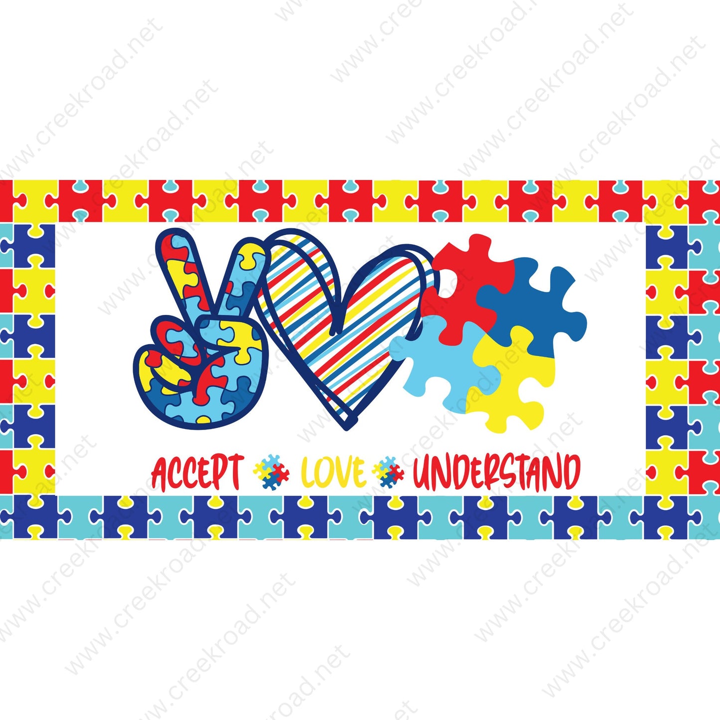 Accept Love Understand Autism Awareness Wreath Sign 6" x 12" rectangle-Puzzle Pieces-Multi Color-Sublimation-Round-Decor