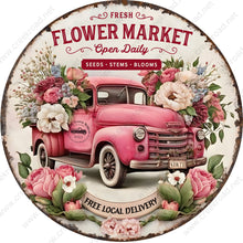 Load image into Gallery viewer, Vintage PinkTruck Flower Market-PICK YOUR BORDER-Wreath Sign-Sublimation-Round-Spring-Summer-Decor

