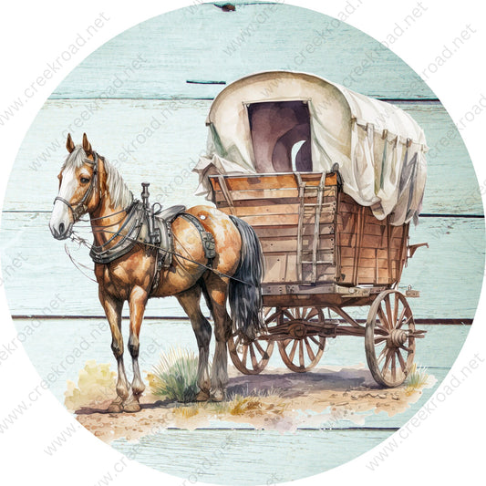 Western Horse and Chuck Wagon Wreath Sign-Round-Farm-Western-Everyday-Spring-Sublimation-Attachment-Decor