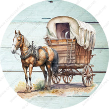 Load image into Gallery viewer, Western Horse and Chuck Wagon Wreath Sign-Round-Farm-Western-Everyday-Spring-Sublimation-Attachment-Decor
