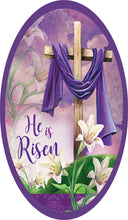 Load image into Gallery viewer, He Is Risen Cross of Christ Easter Lily Sign Solid Purple Border -Oval 7&quot; x 12&quot; - Sublimation - Wreath Sign - Metal Sign
