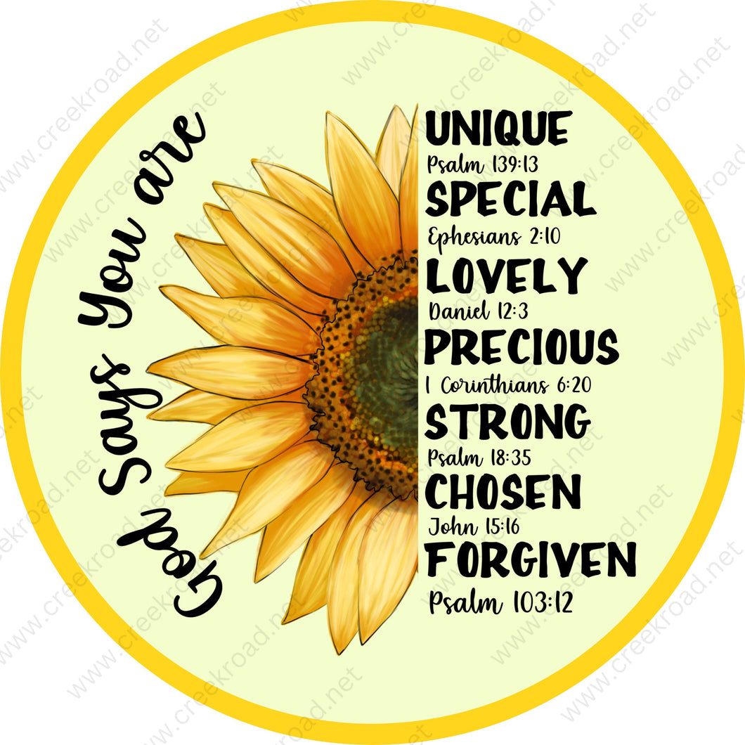 God Says You Are Unique Special Lovely Precious Strong Chosen Forgiven Bible Verse Wreath Sign-Sublimation-Religious-Decor