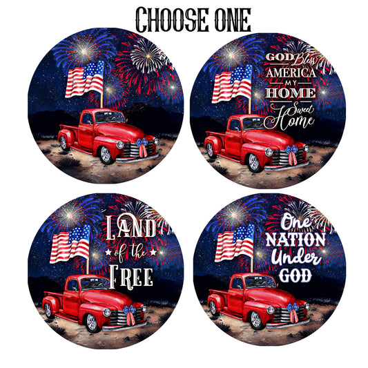 Patriotic Classic Truck at Firework Celebration-CHOOSE YOUR DESIGN-Wreath Sign-Sublimation-Aluminum-Decor