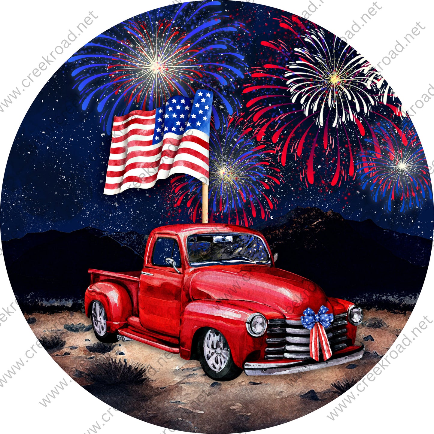 Patriotic Classic Truck at Firework Celebration-CHOOSE YOUR DESIGN-Wreath Sign-Sublimation-Aluminum-Decor