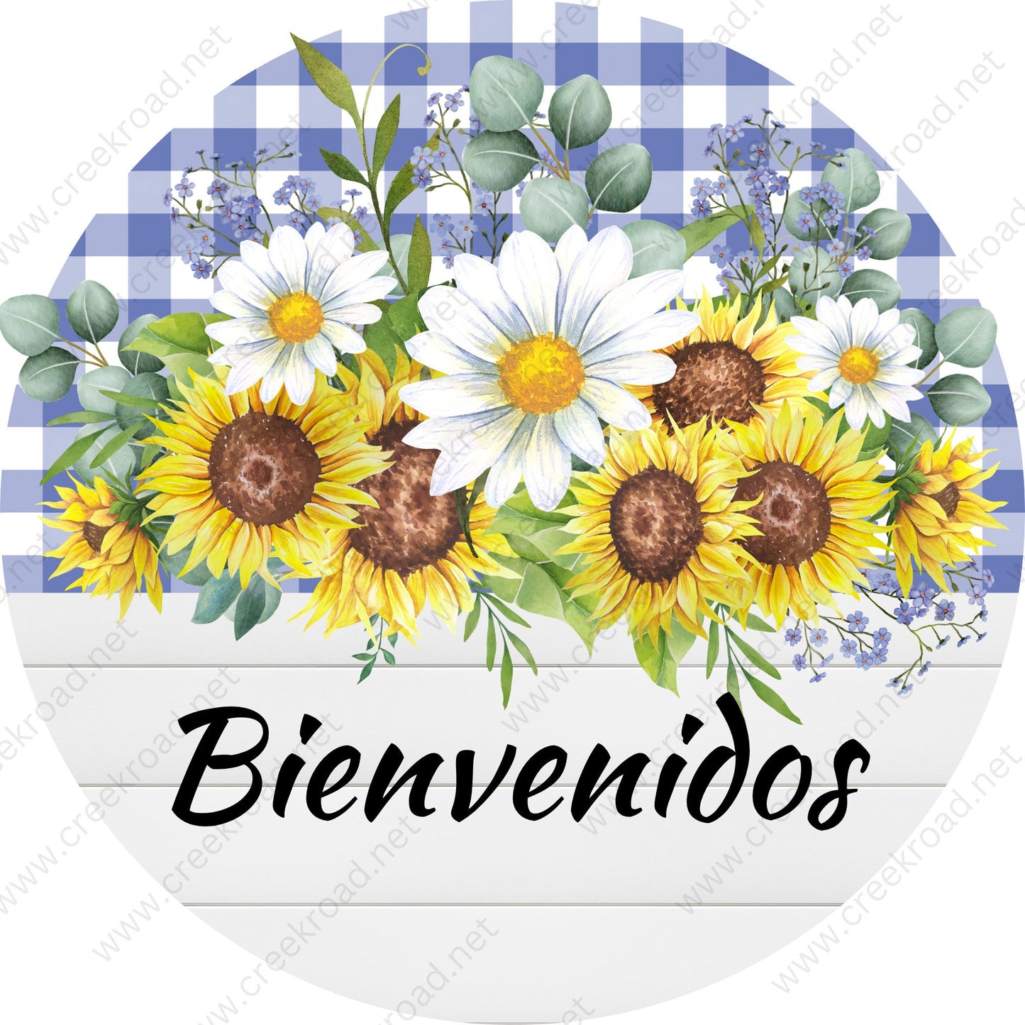 Bienvenidos Sunflowers on White Shiplap with Blue White Checkered Background Wreath Sign-Sublimation-Round-Spring-Summer-Decor