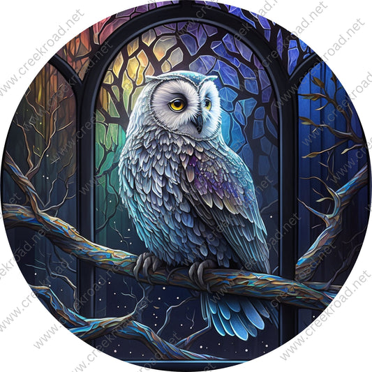 Colorful Owl Perched on Branch Faux Stained Glass Wreath Sign-Everyday-Sublimation Sign-Wreath Attachment-Decor