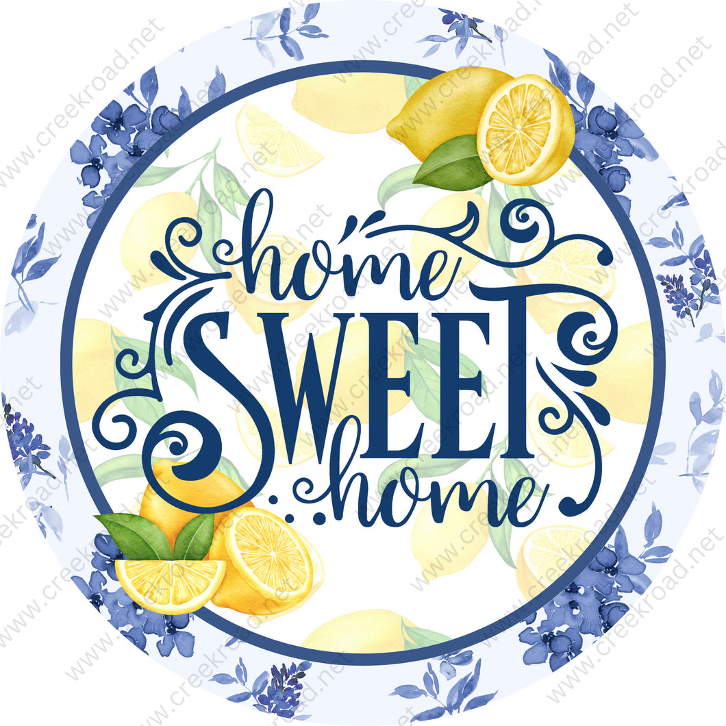 Home Sweet Home Lemons with Blue White Floral Border Wreath Sign-Everyday-Wreath Sign-Sublimation-Attachment-Everyday-Summer-Spring-Decor