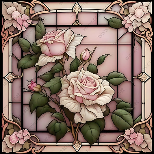 Pretty Pink Roses Faux Stained Glass Wreath Sign 10" x 10" Square-Sublimation-Spring-Summer-Decor