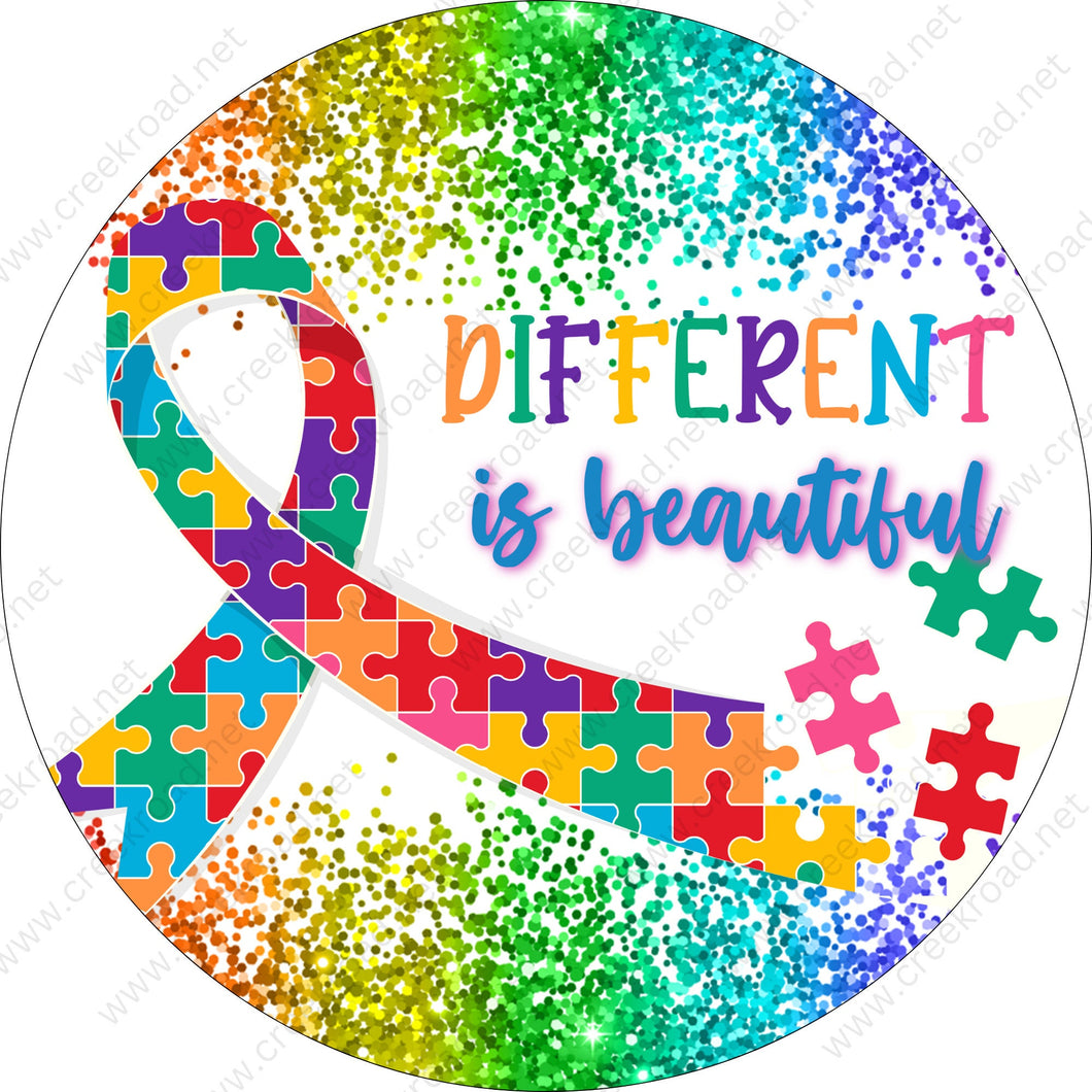 Different Is Beautiful Autism Awareness Puzzle Piece Ribbon Colorful Glitter Wreath Sign-Multi Color-Sublimation-Round-Decor