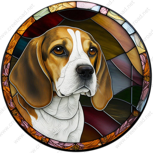 Brown White Beagle FAUX Stained Glass Wreath Sign-Sublimation-Pet-Decor