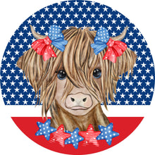 Load image into Gallery viewer, Liberty the Highland Cow Patriotic American Flag Wreath Sign-Wreath Sign-American Flag-Sublimation Sign-Wreath Attachment
