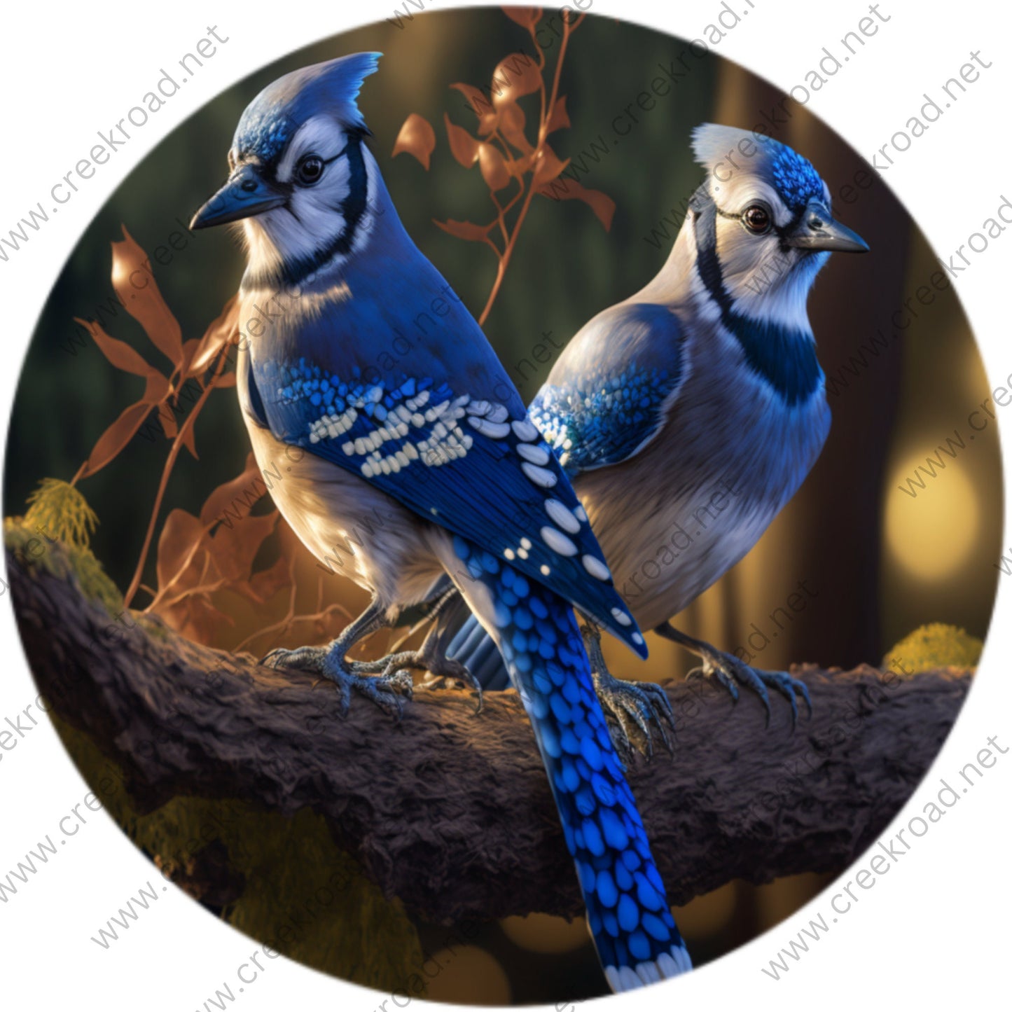 Beautiful Blue Jays Sitting on Tree Branch Wreath Sign Attachment-Sublimation-Round-Summer Spring Decor