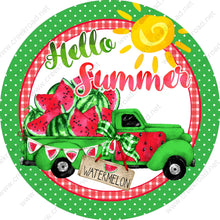Load image into Gallery viewer, Hello Summer Green Truck Full of Watermelons White Polka Dot Red Checkered Wreath Sign Attachment-Sublimation-Round-Summer Decor
