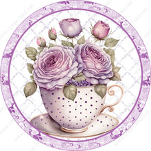 Load image into Gallery viewer, Lavender Roses in Purple Polka Dot Tea Cup on Saucer Wreath Sign Attachment-Sublimation-Round-Summer Decor
