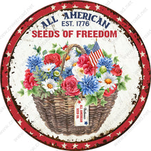 Load image into Gallery viewer, All American Seeds Of Freedom Established 1776 Patriotic Bouquet in Wicker Basket Rusted-Round-Sublimation-Aluminum-Attachment-Decor
