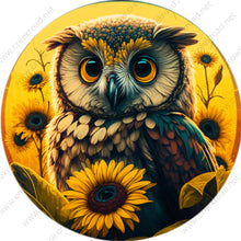 Load image into Gallery viewer, Yellow Sunflowers Barn Owl Wreath Sign-Round-Sublimation-Aluminum-Attachment-Decor
