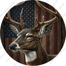 Load image into Gallery viewer, White Tail Buck Deer with American Flag Background Wreath Sign-Round-Sublimation-Aluminum-Attachment-Decor
