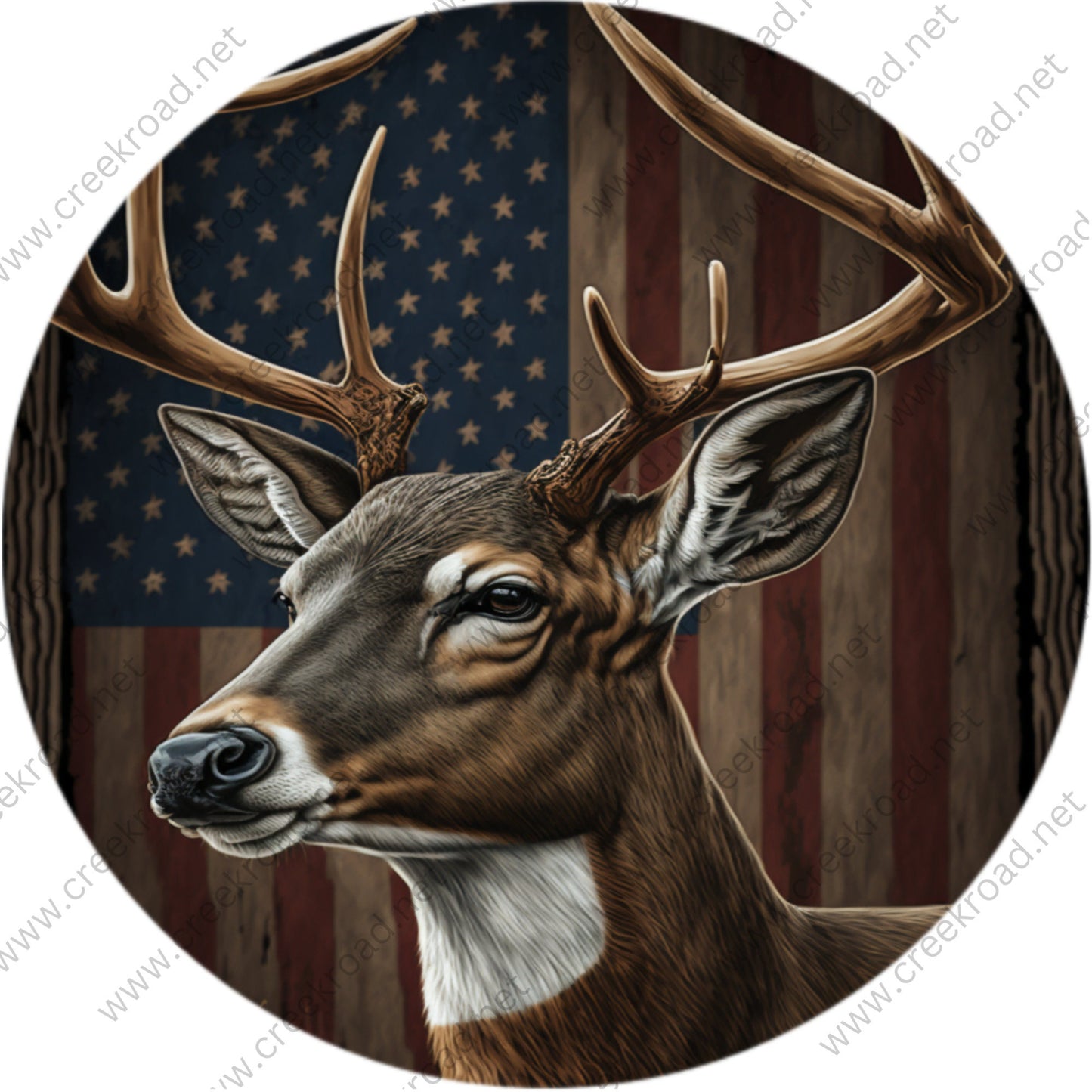 White Tail Buck Deer with American Flag Background Wreath Sign-Round-Sublimation-Aluminum-Attachment-Decor