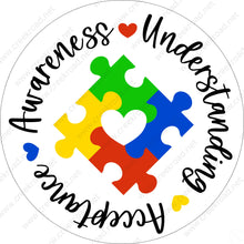 Load image into Gallery viewer, Awareness Understanding Acceptance Puzzle Piece with Heart Wreath Sign-CHOOSE A COLOR-Puzzle Pieces-Multi Color-Sublimation-Round-Decor
