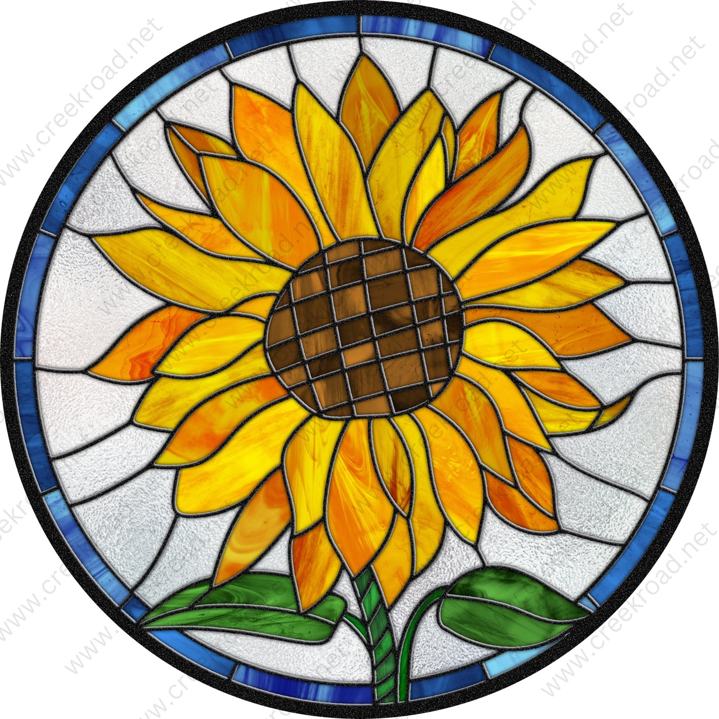 Large Sunflower Faux Stained Glass with Blue Border Wreath Sign-Sublimation-Round-Spring-Summer-Decor
