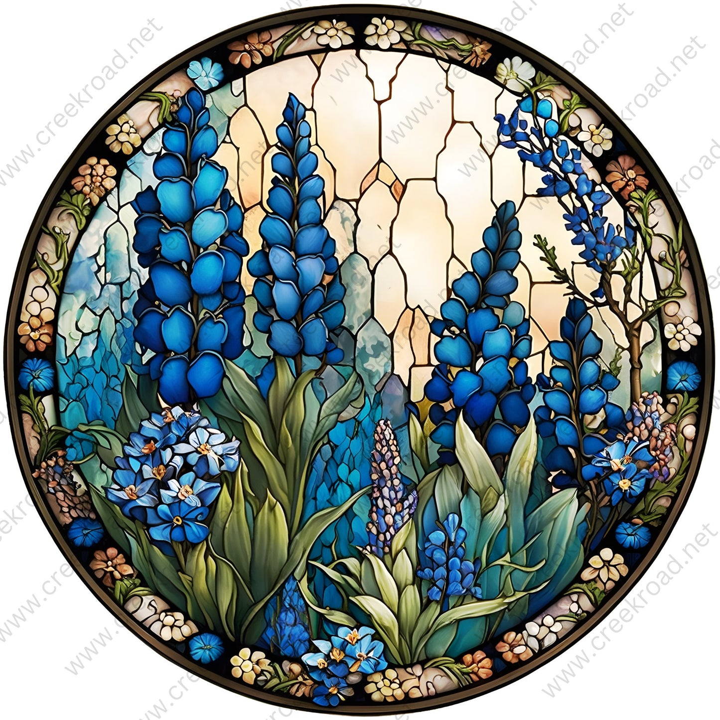 Field of Texas Bluebonnets Faux Stained Glass with Blue Border Wreath Sign-Sublimation-Round-Spring-Summer-Decor