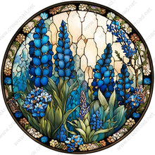 Load image into Gallery viewer, Field of Texas Bluebonnets Faux Stained Glass with Blue Border Wreath Sign-Sublimation-Round-Spring-Summer-Decor
