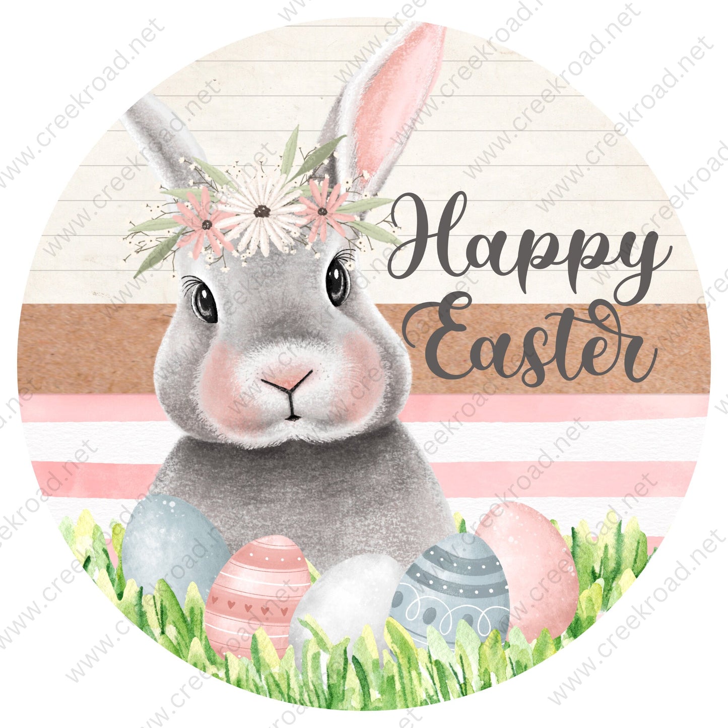 Happy Easter Bunny with Eggs in Grass Florals Wreath Sign - Sublimation - Easter- Metal - Sign