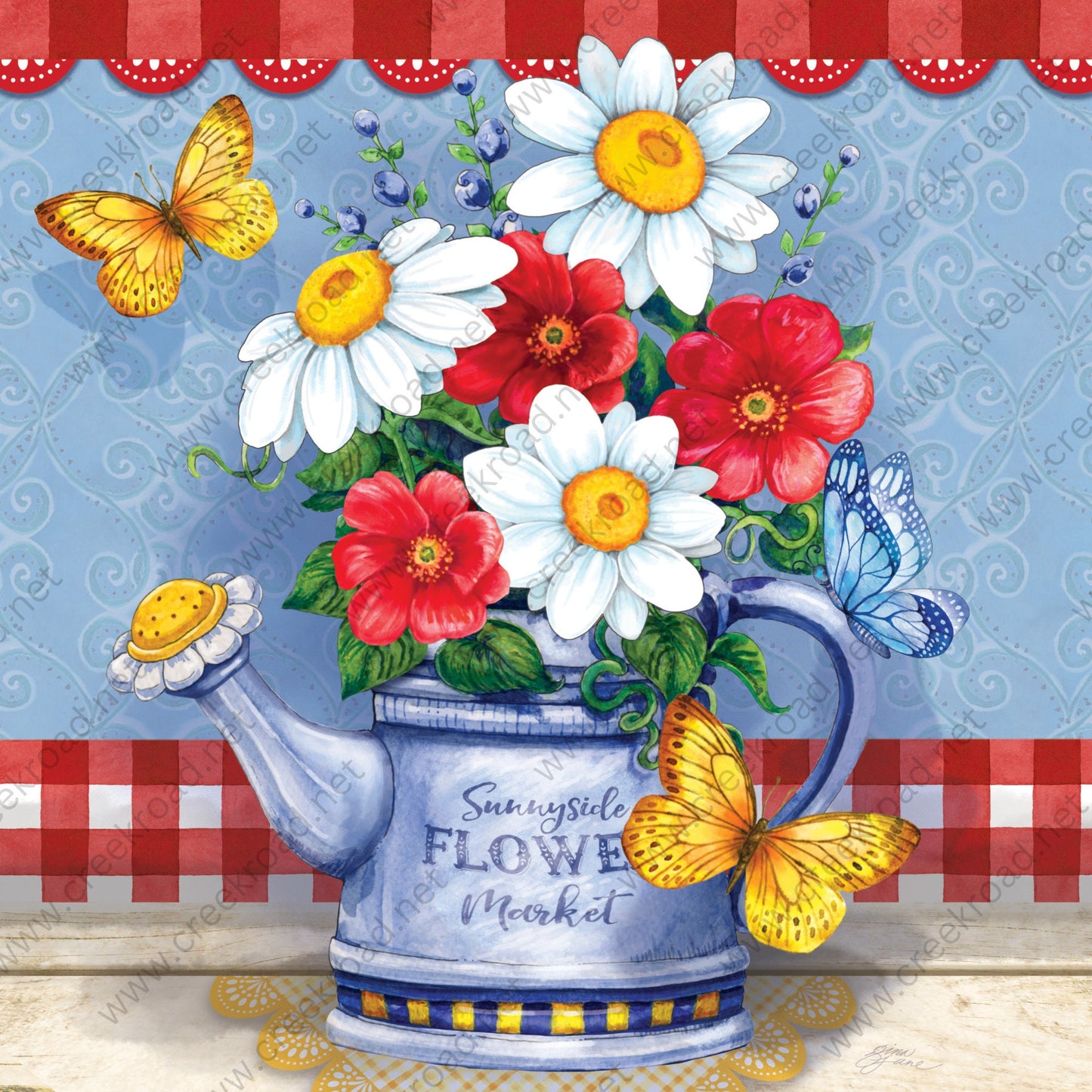 Spring Flowers in Watering Can Wreath Sign-Butterfly-Flowers-10.00" x 10.00" Sublimation-Spring-Metal Sign