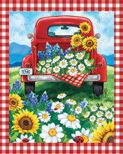 Load image into Gallery viewer, Red Truck in Spring Meadow of Sunflowers Bluebonnets Daisies Red Gingham Wreath Sign-Lady Bug-Flowers-8.00&quot; x 10.00&quot; Sublimation-Metal Sign
