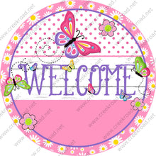 Load image into Gallery viewer, Welcome Pink Purple Green Butterflies Pink Border with Daisy Florals Wreath Sign - Sublimation-decor-attachment
