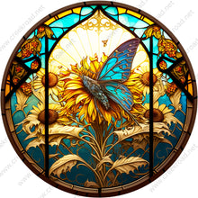 Load image into Gallery viewer, Colorful Blue Butterfly with Sunflowers Faux Stained Glass Wreath Sign-Spring-Everyday-Wreath Sign-Sublimation-Attachment-Decor
