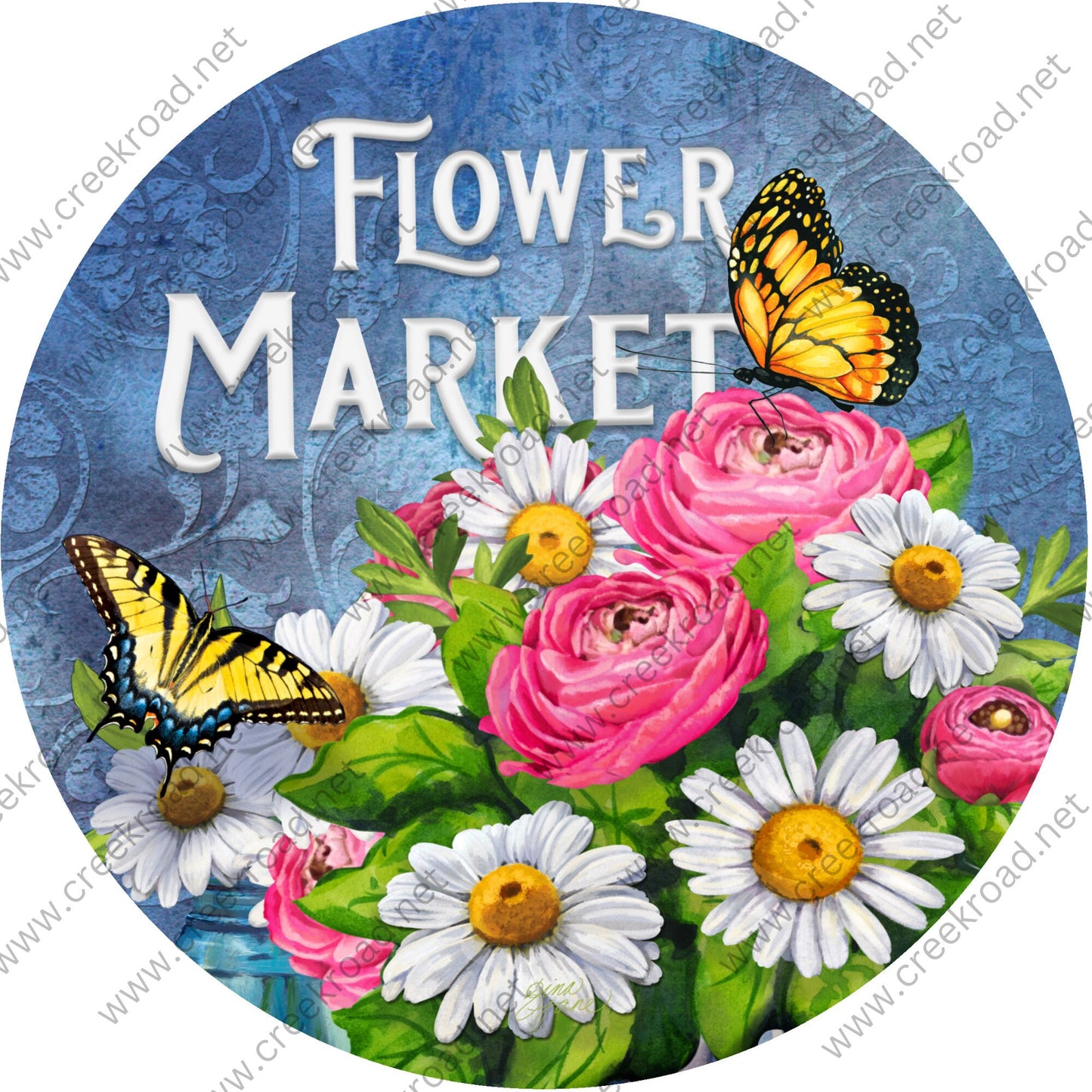 Flower Market with Spring Bouquet of Flowers Yellow Butterflies Wreath Sign-Blank-Sublimation-Aluminum-Attachment-Decor-Spring-Summer