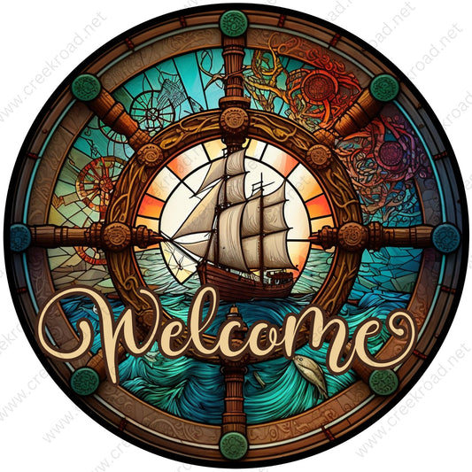 Welcome Nautical Ship Wheel with Pirate Ship Center Wreath Sign-Everyday-Wreath Sign-Sublimation-Attachment-Decor-Summer