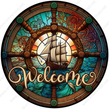 Load image into Gallery viewer, Welcome Nautical Ship Wheel with Pirate Ship Center Wreath Sign-Everyday-Wreath Sign-Sublimation-Attachment-Decor-Summer

