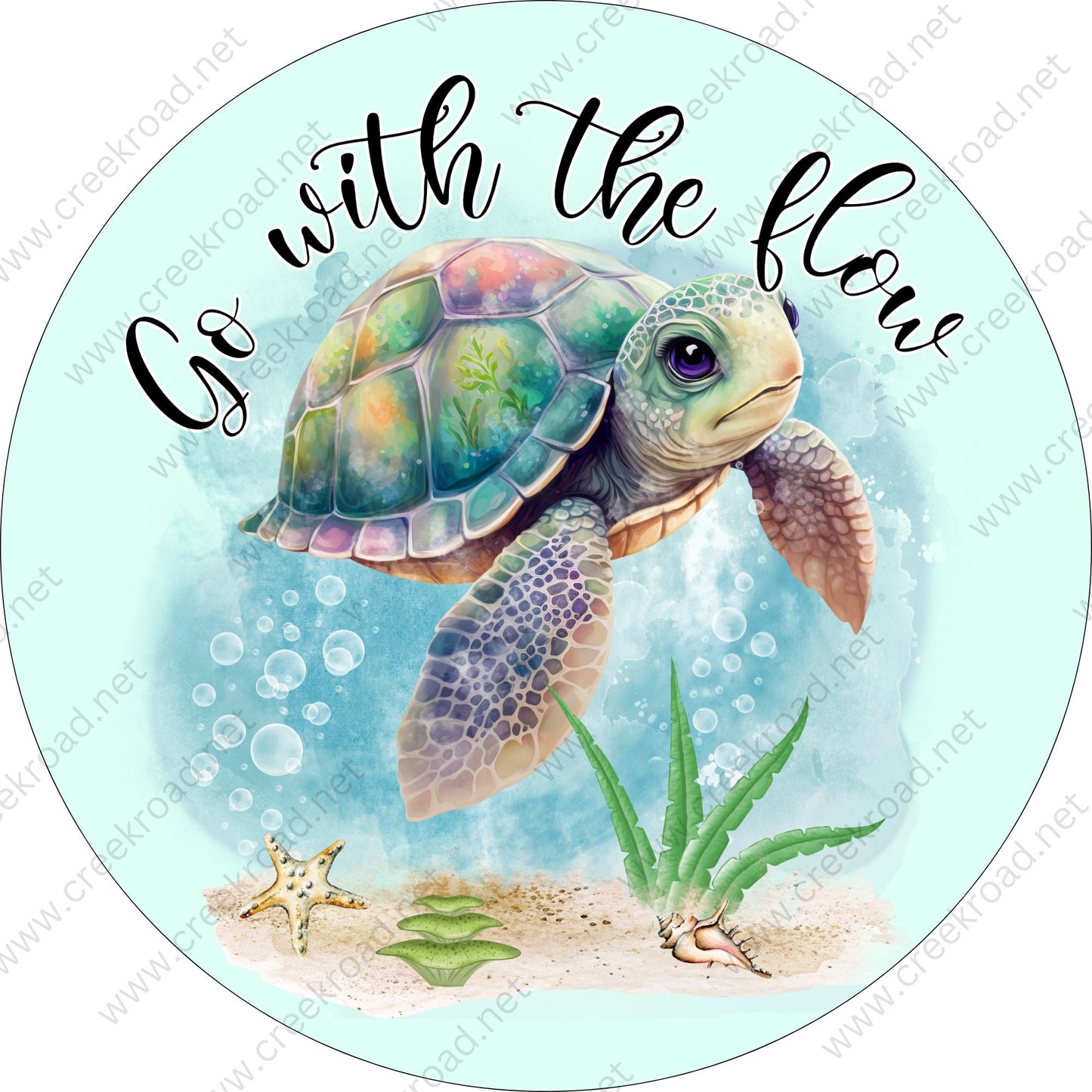 Go With The Flow Sea Turtle Wreath Sign-Sublimation-Coastal-Beach-Decor Round