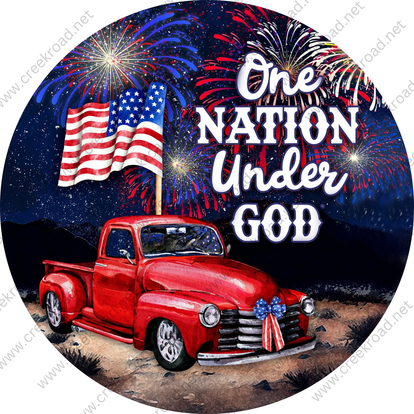 Patriotic Classic Truck at Firework Celebration-CHOOSE YOUR DESIGN-Wreath Sign-Sublimation-Aluminum-Decor