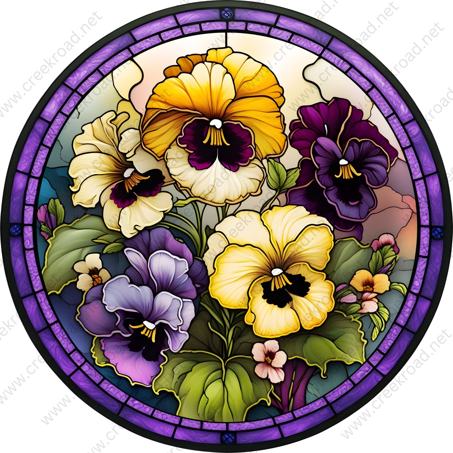 Faux Stained Glass Spring Yellow Purple Lavender Flowers with Purple Border Wreath Sign-Sublimation-Round-Spring-Summer-Decor