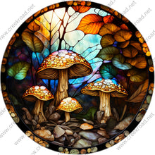 Load image into Gallery viewer, Mushrooms in the Forest Faux Stained Glass Wreath Sign-Round-Sublimation-Everyday-Decor
