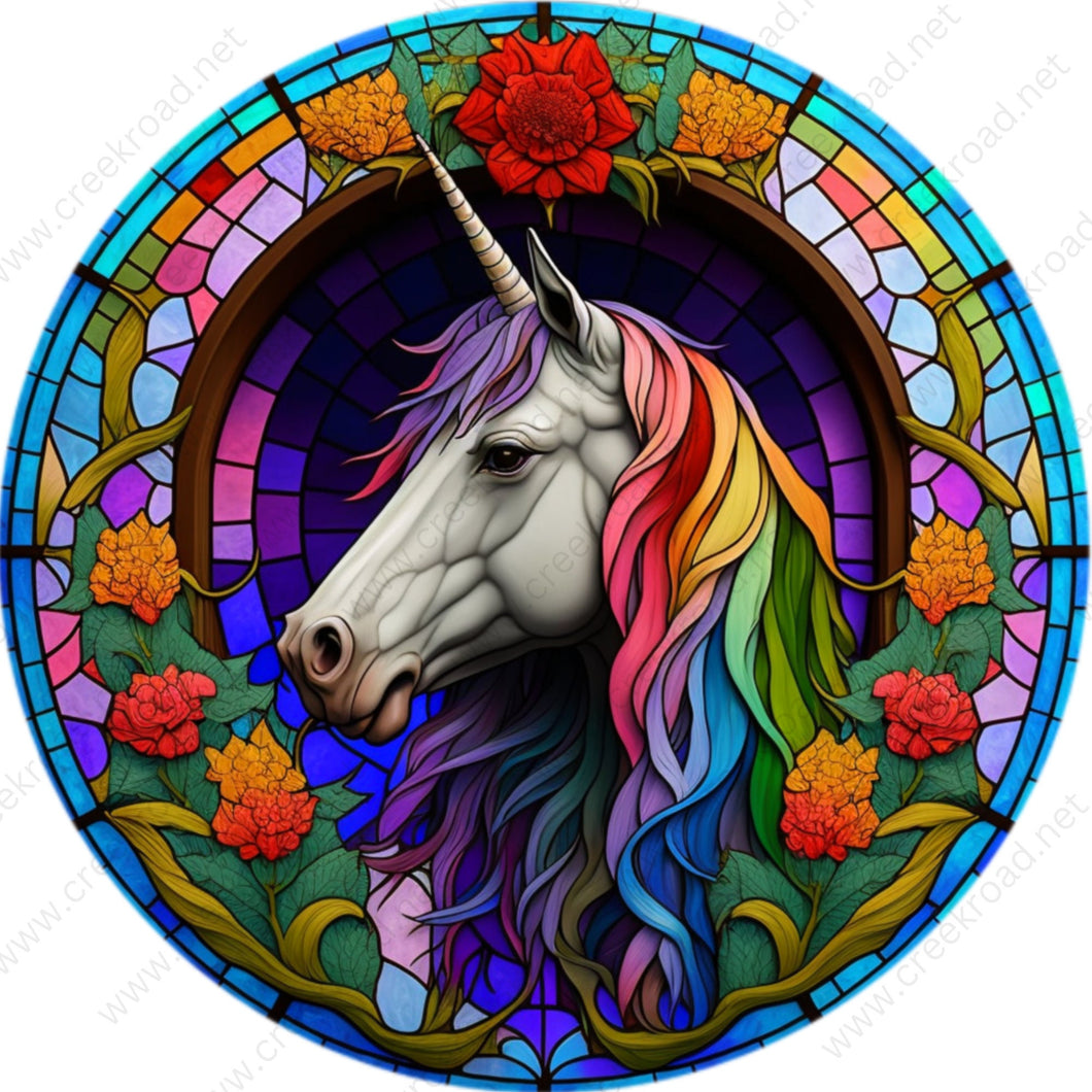 Rainbow Color Unicorn Faux Stained Glass Wreath Sign-Round-Sublimation-Everyday-Decor
