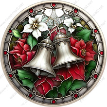 Load image into Gallery viewer, Vintage Silver Christmas Bells Holly Poinsettia 2 Faux Stained Glass Wreath Sign-Sublimation-Round-Christmas-Decor
